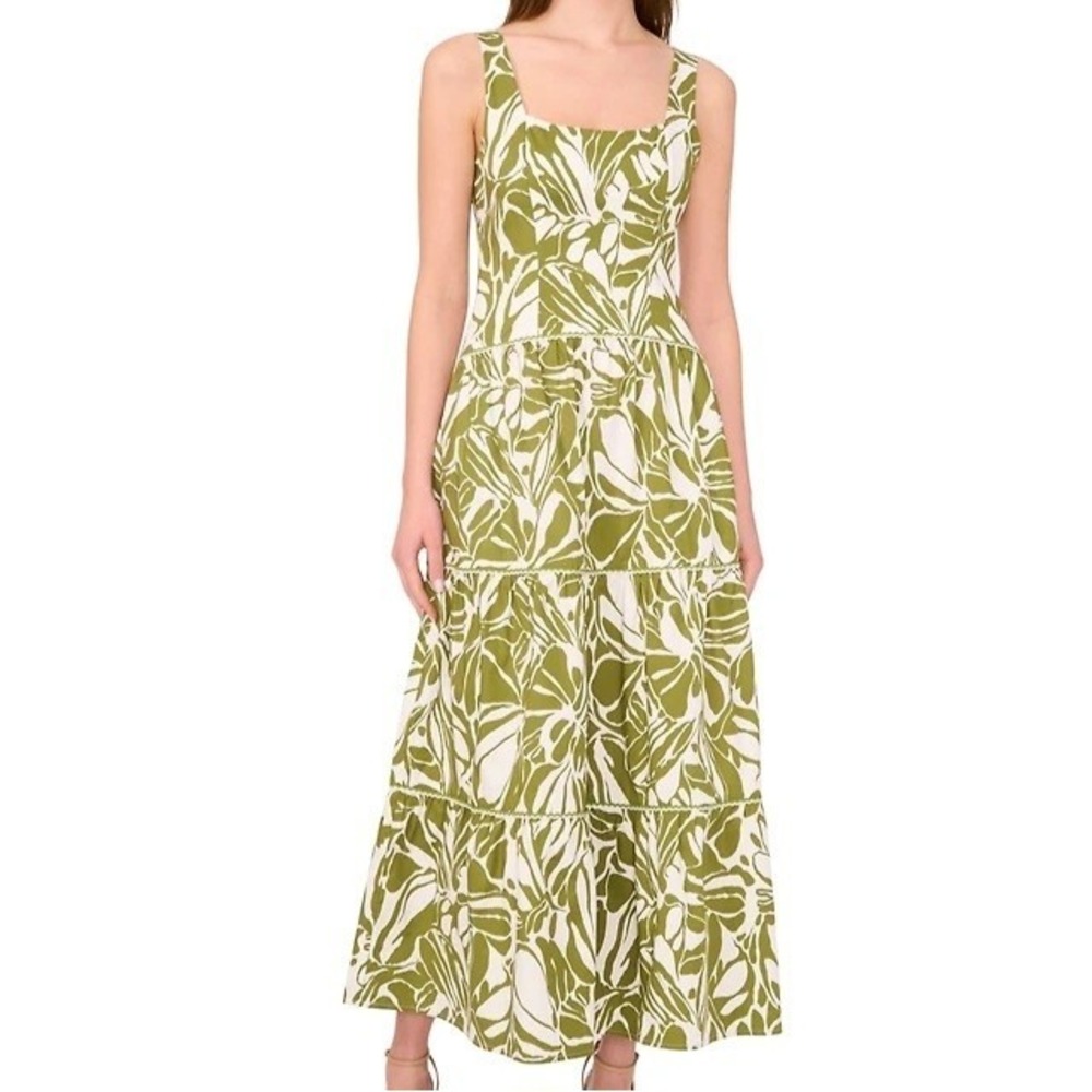 CeCe Cotton Blend Printed Sleeveless Wild Sage Maxi Dress Womens Size M NWT